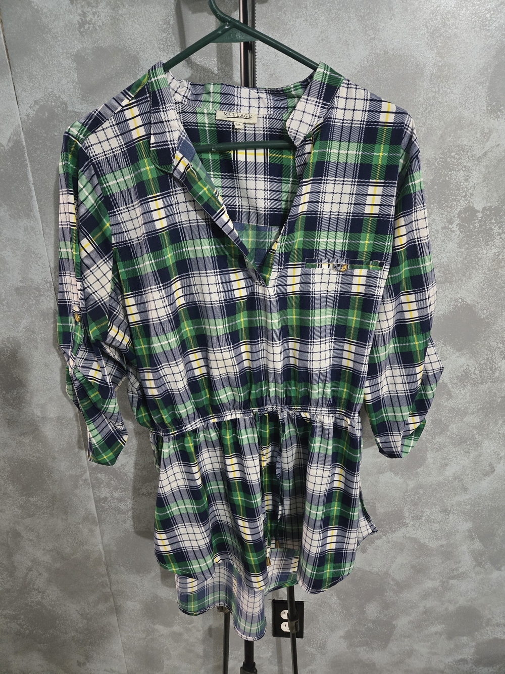 MELLODAY Green Navy and White Plaid Drawstring Button-Down Tunic